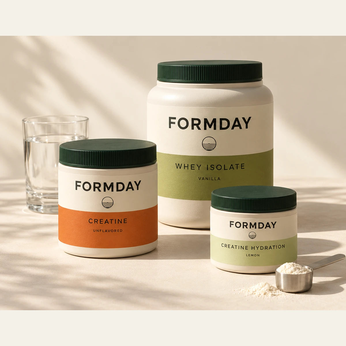 Concept packaging for FORMDAY creatine, whey isolate and creatine hydration in warm natural light
